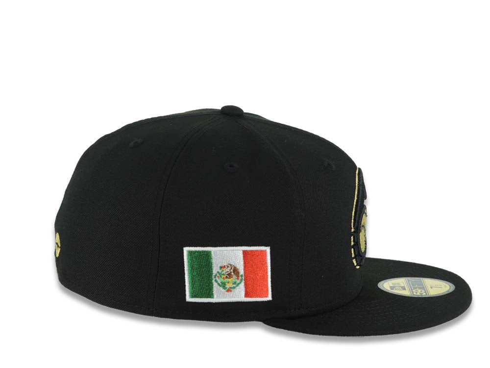 Charros de Jalisco New Era LMP 59FIFTY 5950 Fitted Cap Hat Black Crown/Visor Black/Metallic Gold Logo Mexico Flag Side Patch Gray UV