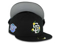 San Diego Padres New Era MLB 59FIFTY 5950 Fitted Cap Hat Black Crown/Visor White/Yellow Logo With Flower 1998 World Series Side Patch Gray UV