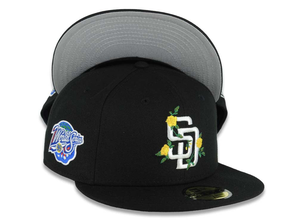San Diego Padres New Era MLB 59FIFTY 5950 Fitted Cap Hat Black Crown/Visor White/Yellow Logo With Flower 1998 World Series Side Patch Gray UV