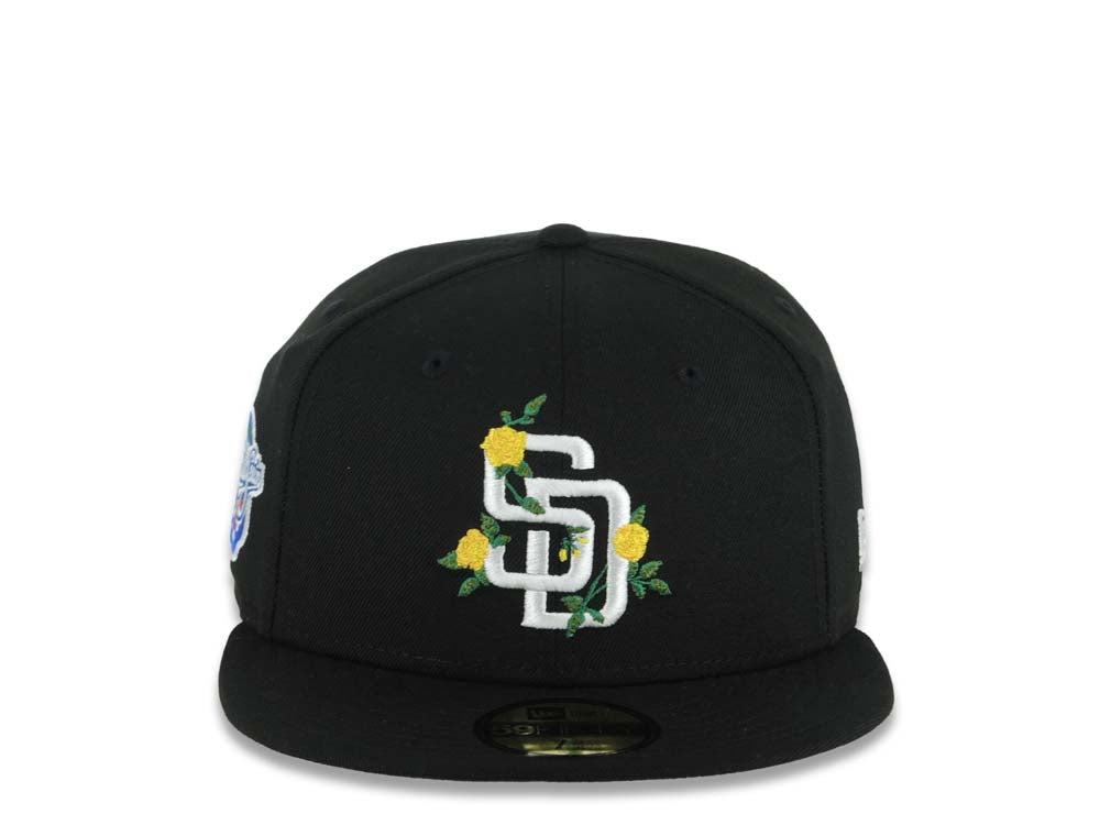 San Diego Padres New Era MLB 59FIFTY 5950 Fitted Cap Hat Black Crown/Visor White/Yellow Logo With Flower 1998 World Series Side Patch Gray UV