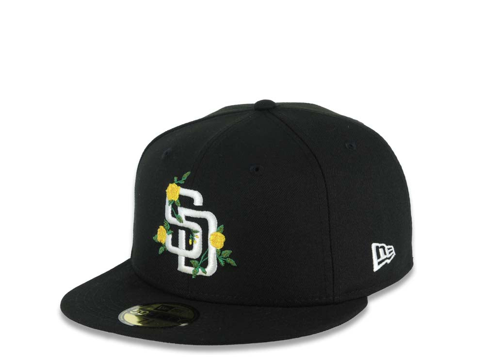San Diego Padres New Era MLB 59FIFTY 5950 Fitted Cap Hat Black Crown/Visor White/Yellow Logo With Flower 1998 World Series Side Patch Gray UV