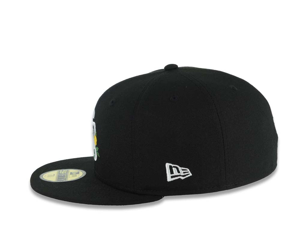 San Diego Padres New Era MLB 59FIFTY 5950 Fitted Cap Hat Black Crown/Visor White/Yellow Logo With Flower 1998 World Series Side Patch Gray UV