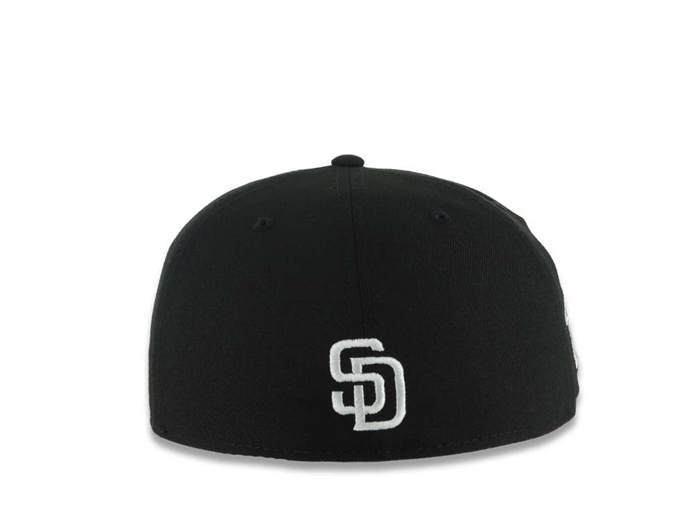 San Diego Padres New Era MLB 59FIFTY 5950 Fitted Cap Hat Black Crown/Visor White/Yellow Logo With Flower 1998 World Series Side Patch Gray UV