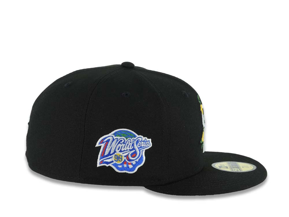 San Diego Padres New Era MLB 59FIFTY 5950 Fitted Cap Hat Black Crown/Visor White/Yellow Logo With Flower 1998 World Series Side Patch Gray UV