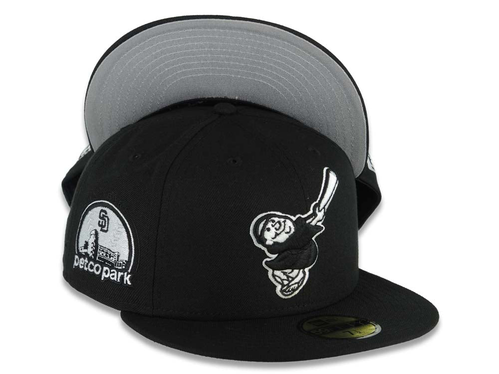 San Diego Padres New Era MLB 59FIFTY 5950 Fitted Cap Hat Black Crown/Visor Black/White Swinging Friar Logo Petco Park Stadium Side Patch