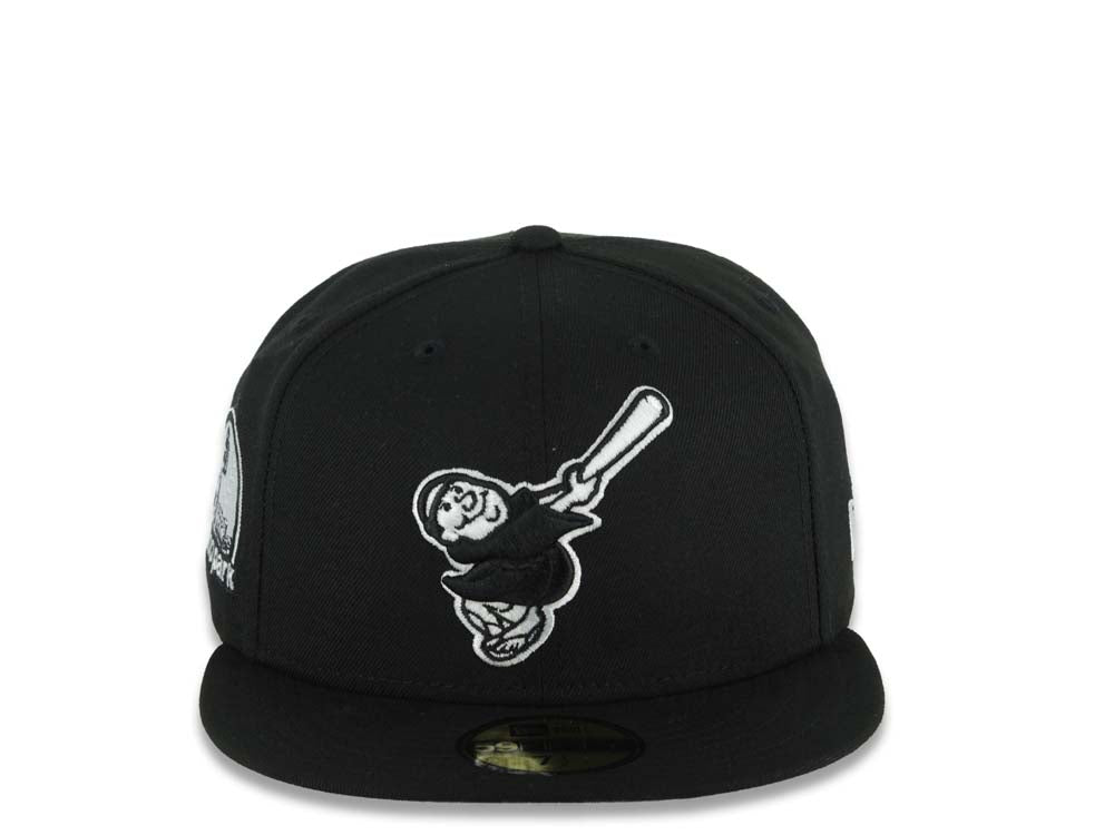 San Diego Padres New Era MLB 59FIFTY 5950 Fitted Cap Hat Black Crown/Visor Black/White Swinging Friar Logo Petco Park Stadium Side Patch