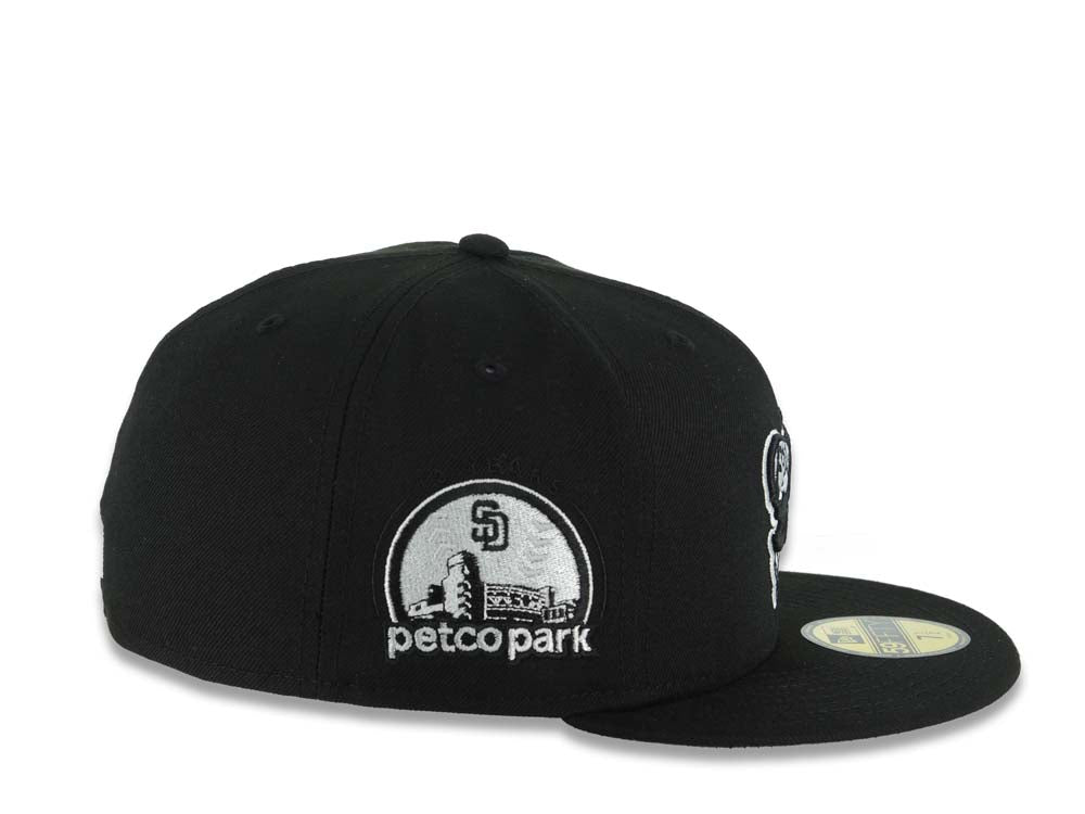 San Diego Padres New Era MLB 59FIFTY 5950 Fitted Cap Hat Black Crown/Visor Black/White Swinging Friar Logo Petco Park Stadium Side Patch