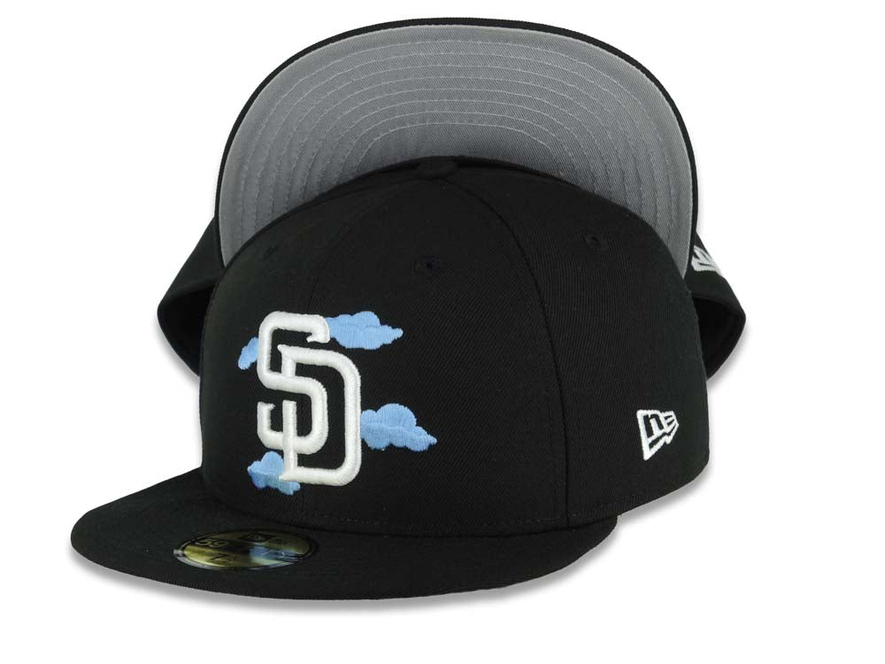 San Diego Padres New Era MLB 59FIFTY 5950 Fitted Cap Hat Black Crown/Visor White Logo With Sky Blue Clouds Gray UV