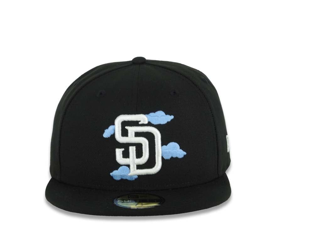 San Diego Padres New Era MLB 59FIFTY 5950 Fitted Cap Hat Black Crown/Visor White Logo With Sky Blue Clouds Gray UV