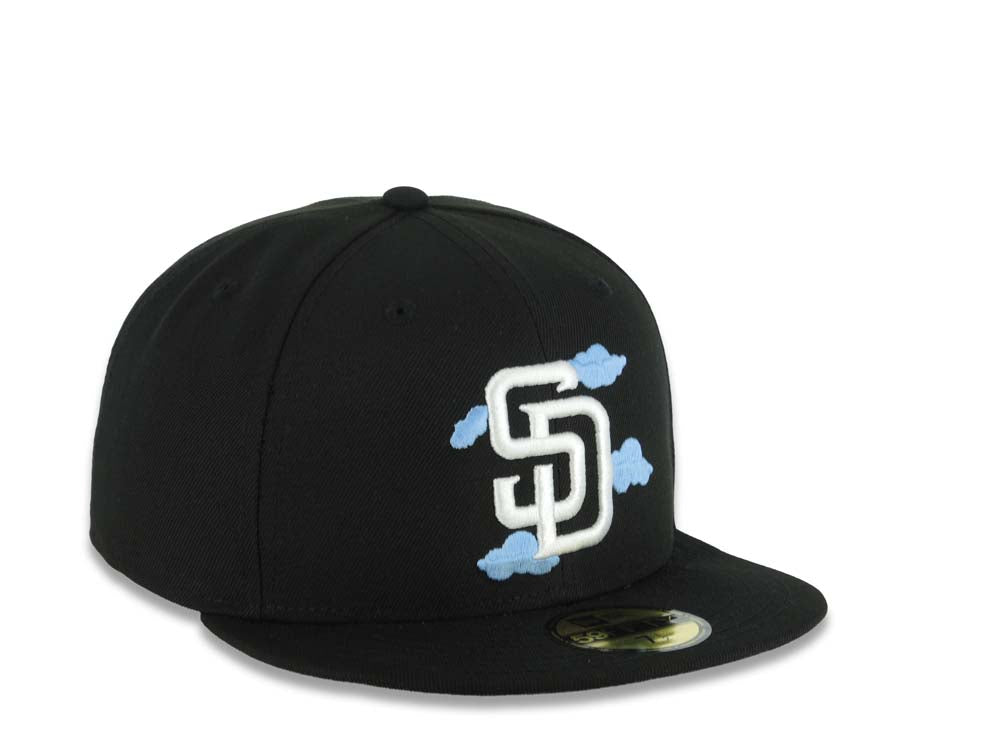 San Diego Padres New Era MLB 59FIFTY 5950 Fitted Cap Hat Black Crown/Visor White Logo With Sky Blue Clouds Gray UV