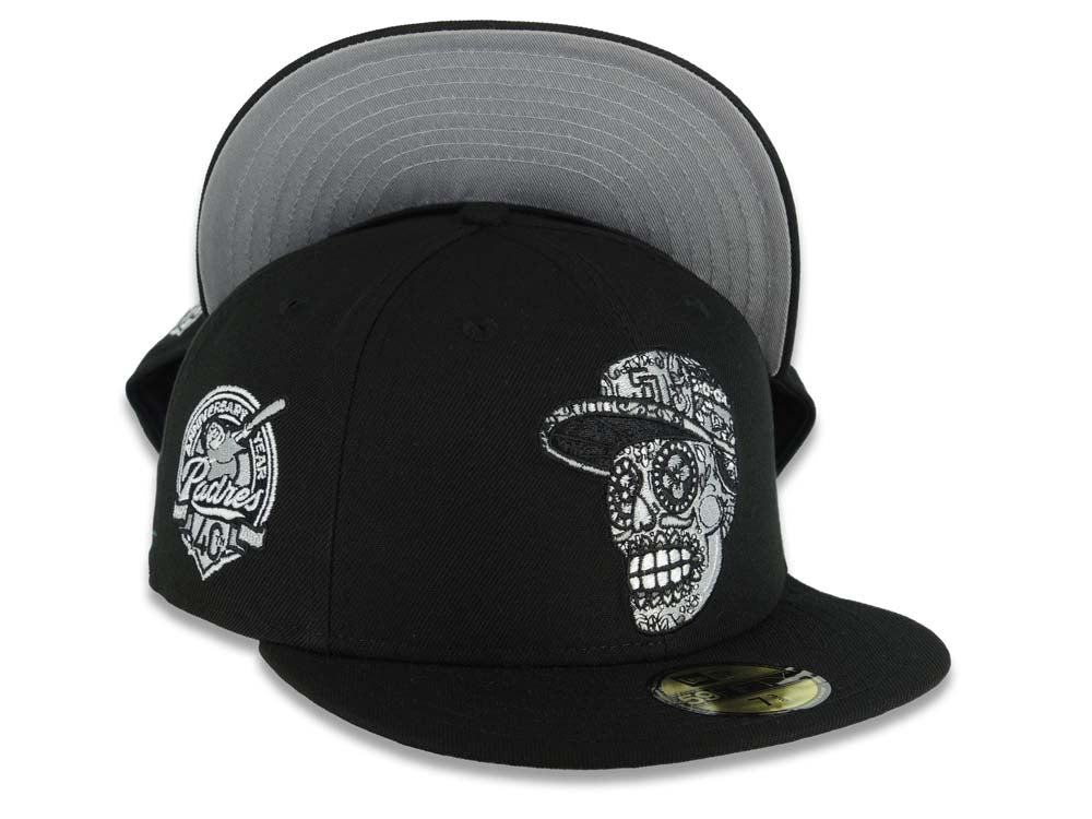 San Diego Padres New Era MLB 59FIFTY 5950 Fitted Cap Hat Black Crown/Visor Black/White Sugar Skull Logo 40th Anniversary Side Patch Gray UV