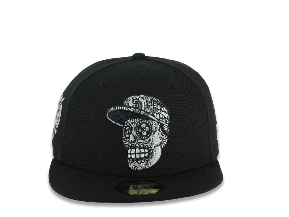 San Diego Padres New Era MLB 59FIFTY 5950 Fitted Cap Hat Black Crown/Visor Black/White Sugar Skull Logo 40th Anniversary Side Patch Gray UV