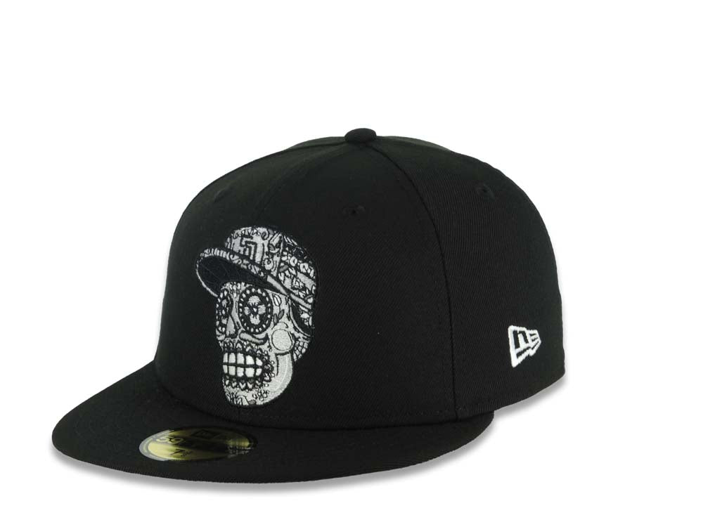 San Diego Padres New Era MLB 59FIFTY 5950 Fitted Cap Hat Black Crown/Visor Black/White Sugar Skull Logo 40th Anniversary Side Patch Gray UV