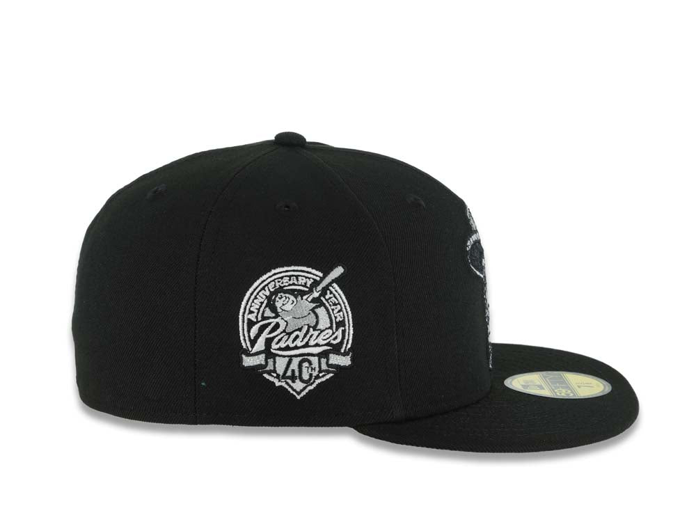 San Diego Padres New Era MLB 59FIFTY 5950 Fitted Cap Hat Black Crown/Visor Black/White Sugar Skull Logo 40th Anniversary Side Patch Gray UV