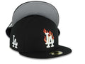 Los Angeles Dodgers New Era MLB 59FIFTY 5950 Fitted Cap Hat Black Crown/Visor White Logo With Metallic Gold Flame LA Side Patch Gray UV