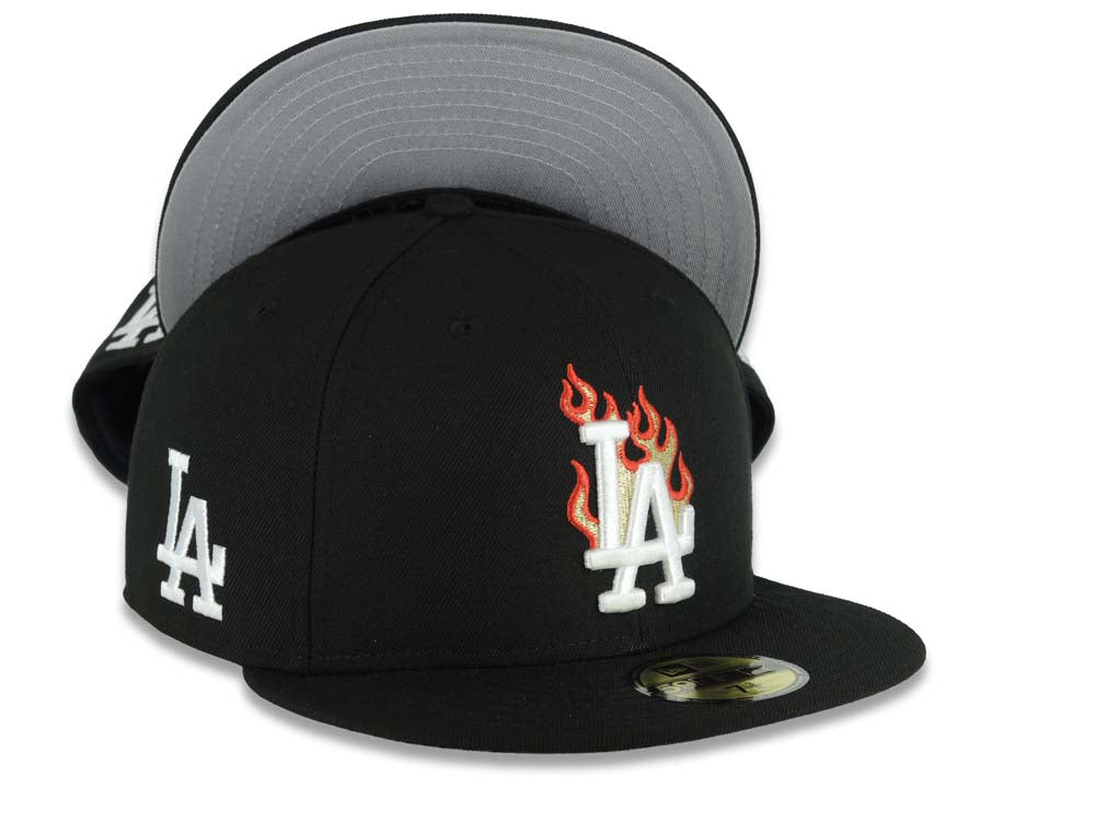 Los Angeles Dodgers New Era MLB 59FIFTY 5950 Fitted Cap Hat Black Crown/Visor White Logo With Metallic Gold Flame LA Side Patch Gray UV