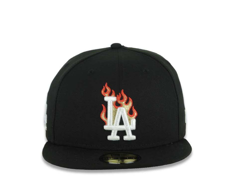 Los Angeles Dodgers New Era MLB 59FIFTY 5950 Fitted Cap Hat Black Crown/Visor White Logo With Metallic Gold Flame LA Side Patch Gray UV