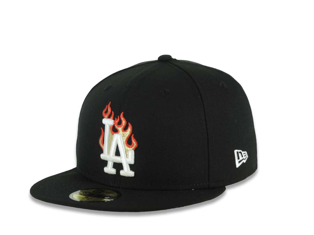 Los Angeles Dodgers New Era MLB 59FIFTY 5950 Fitted Cap Hat Black Crown/Visor White Logo With Metallic Gold Flame LA Side Patch Gray UV