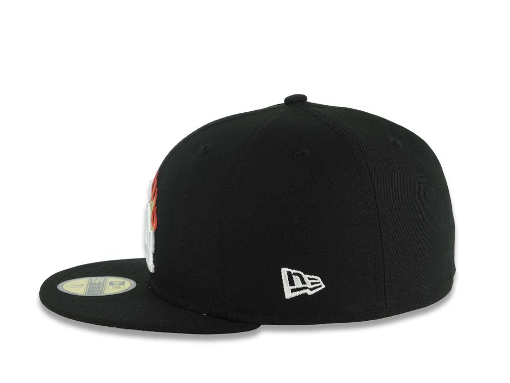 Los Angeles Dodgers New Era MLB 59FIFTY 5950 Fitted Cap Hat Black Crown/Visor White Logo With Metallic Gold Flame LA Side Patch Gray UV