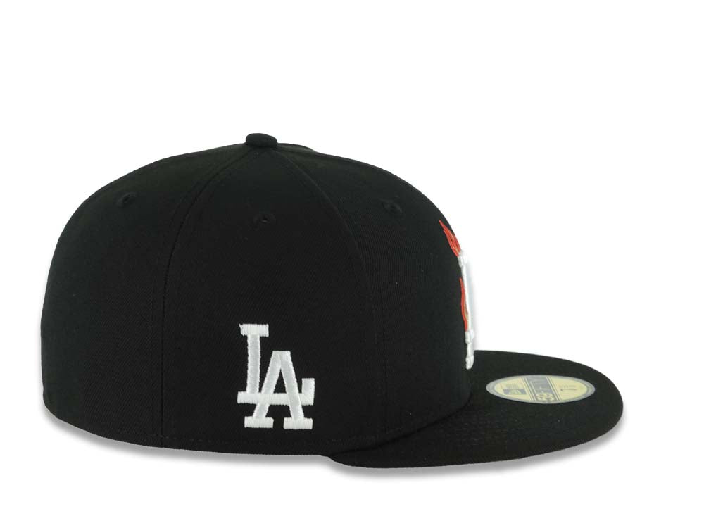 Los Angeles Dodgers New Era MLB 59FIFTY 5950 Fitted Cap Hat Black Crown/Visor White Logo With Metallic Gold Flame LA Side Patch Gray UV