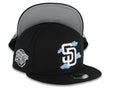 San Diego Padres New Era MLB 9FIFTY 950 Snapback Cap Hat Black Crown/Visor White Logo With Sky Blue Clouds 1998 World Series Side Patch Gray UV
