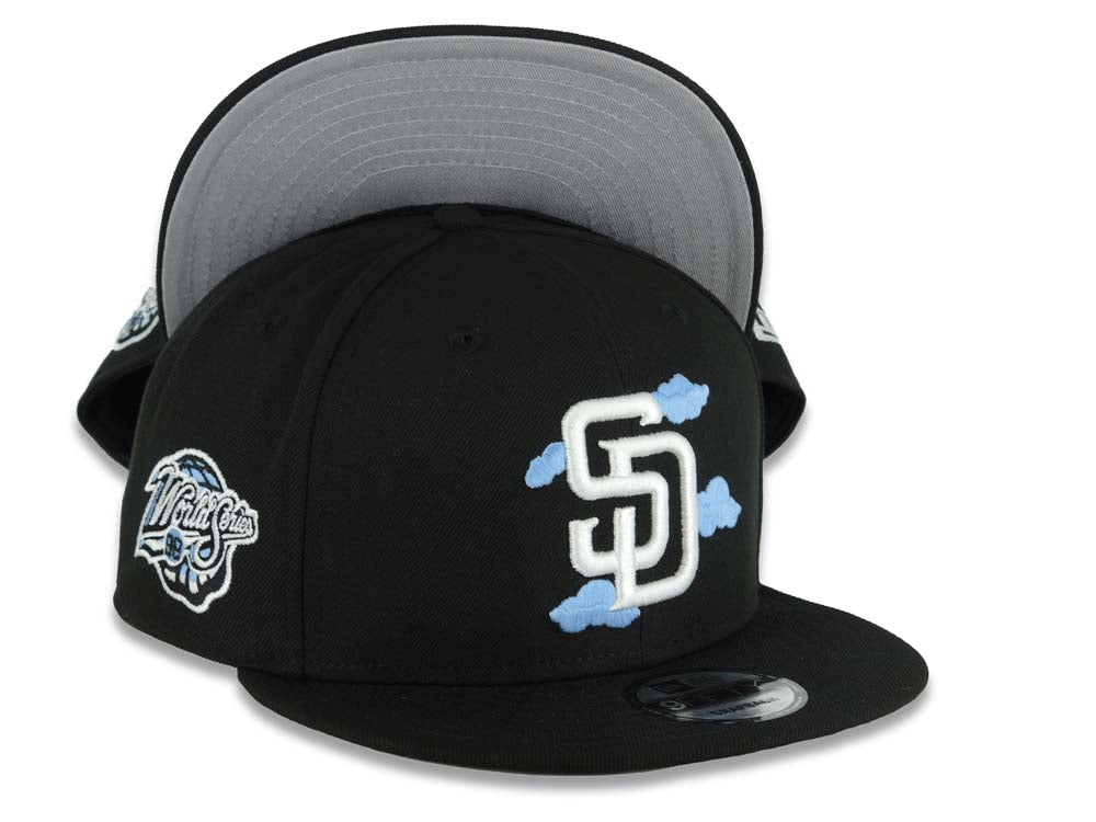 San Diego Padres New Era MLB 9FIFTY 950 Snapback Cap Hat Black Crown/Visor White Logo With Sky Blue Clouds 1998 World Series Side Patch Gray UV