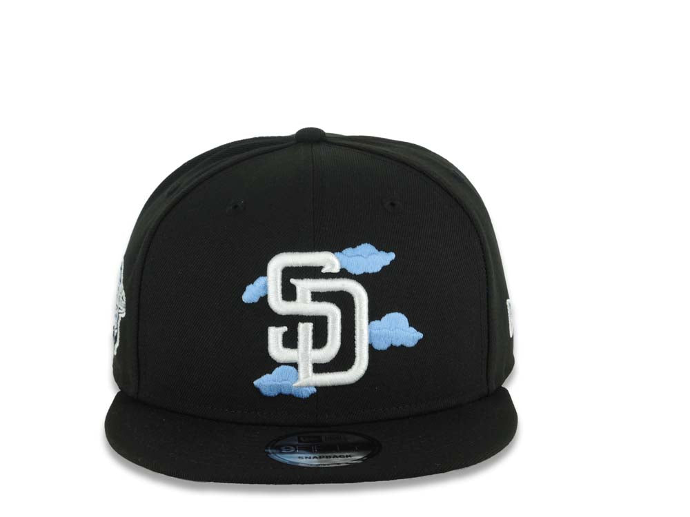 San Diego Padres New Era MLB 9FIFTY 950 Snapback Cap Hat Black Crown/Visor White Logo With Sky Blue Clouds 1998 World Series Side Patch Gray UV