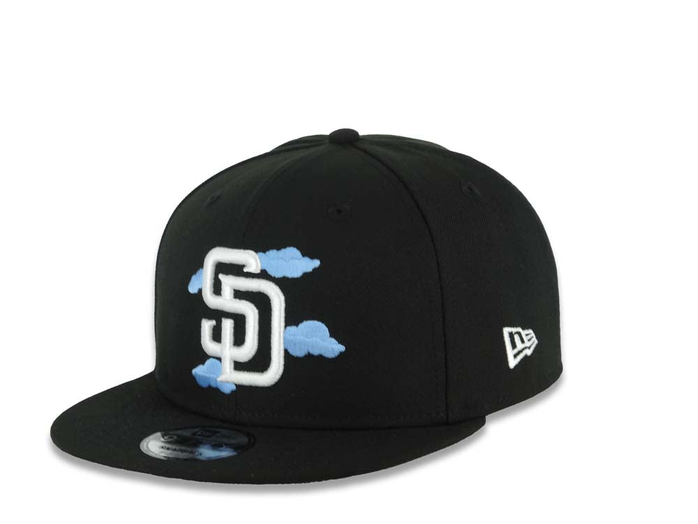 San Diego Padres New Era MLB 9FIFTY 950 Snapback Cap Hat Black Crown/Visor White Logo With Sky Blue Clouds 1998 World Series Side Patch Gray UV