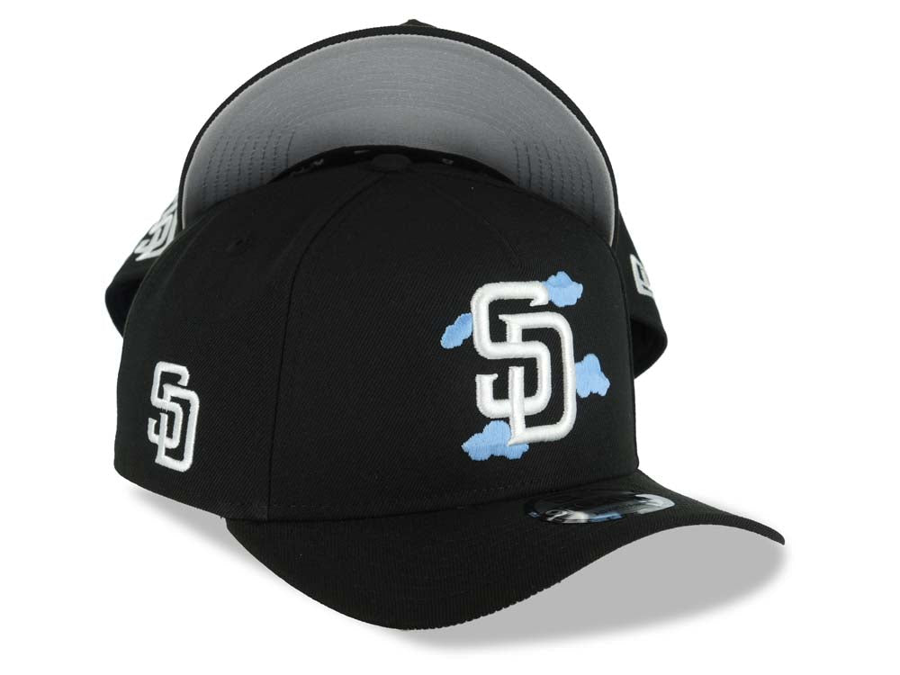 San Diego Padres New Era MLB 9FORTY 940 Adjustable A-Frame Cap Hat Black Crown/Visor White Logo With Sky Blue Clouds SD Side Patch Gray UV