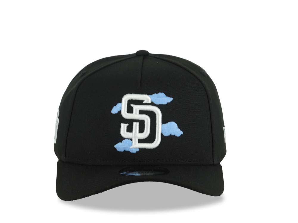 San Diego Padres New Era MLB 9FORTY 940 Adjustable A-Frame Cap Hat Black Crown/Visor White Logo With Sky Blue Clouds SD Side Patch Gray UV