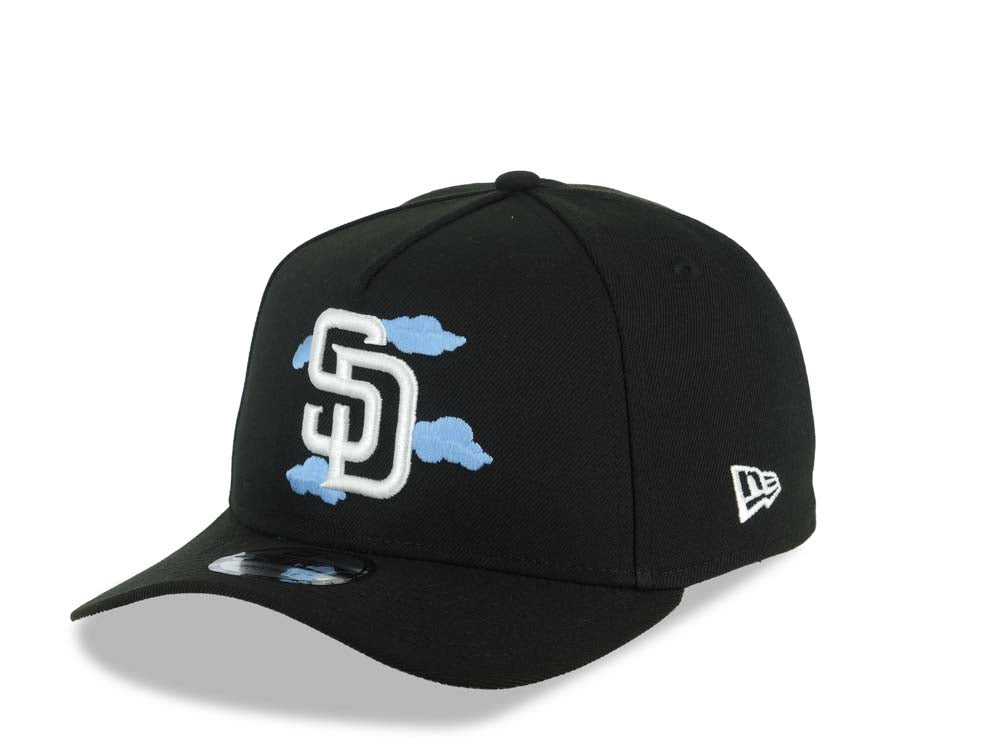 San Diego Padres New Era MLB 9FORTY 940 Adjustable A-Frame Cap Hat Black Crown/Visor White Logo With Sky Blue Clouds SD Side Patch Gray UV