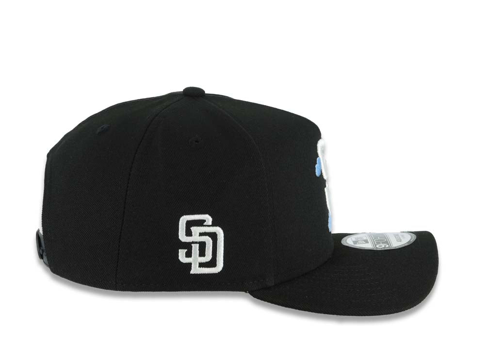 San Diego Padres New Era MLB 9FORTY 940 Adjustable A-Frame Cap Hat Black Crown/Visor White Logo With Sky Blue Clouds SD Side Patch Gray UV