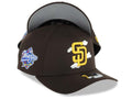 San Diego Padres New Era MLB 9FORTY 940 Adjustable A-Frame Cap Hat Brown Crown/Visor Yellow Logo White Clouds 1998 World Series Side Patch Gray UV