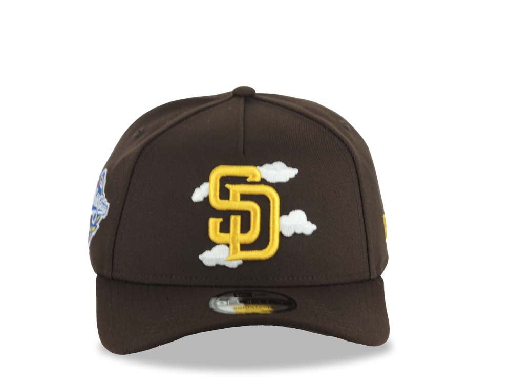 San Diego Padres New Era MLB 9FORTY 940 Adjustable A-Frame Cap Hat Brown Crown/Visor Yellow Logo White Clouds 1998 World Series Side Patch Gray UV