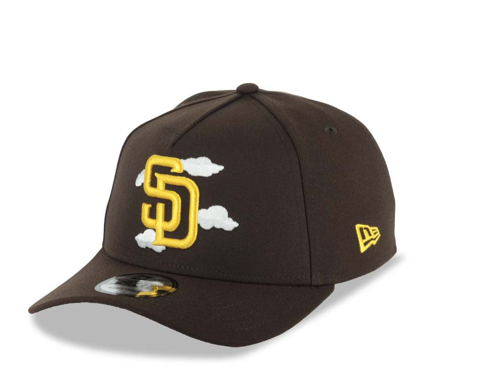 San Diego Padres New Era MLB 9FORTY 940 Adjustable A-Frame Cap Hat Brown Crown/Visor Yellow Logo White Clouds 1998 World Series Side Patch Gray UV