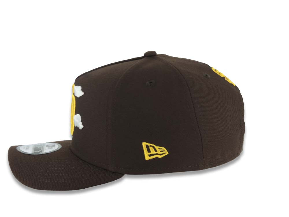 San Diego Padres New Era MLB 9FORTY 940 Adjustable A-Frame Cap Hat Brown Crown/Visor Yellow Logo White Clouds 1998 World Series Side Patch Gray UV