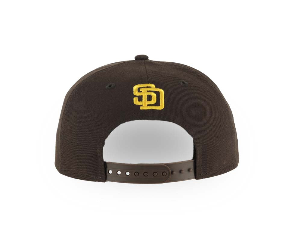 San Diego Padres New Era MLB 9FORTY 940 Adjustable A-Frame Cap Hat Brown Crown/Visor Yellow Logo White Clouds 1998 World Series Side Patch Gray UV