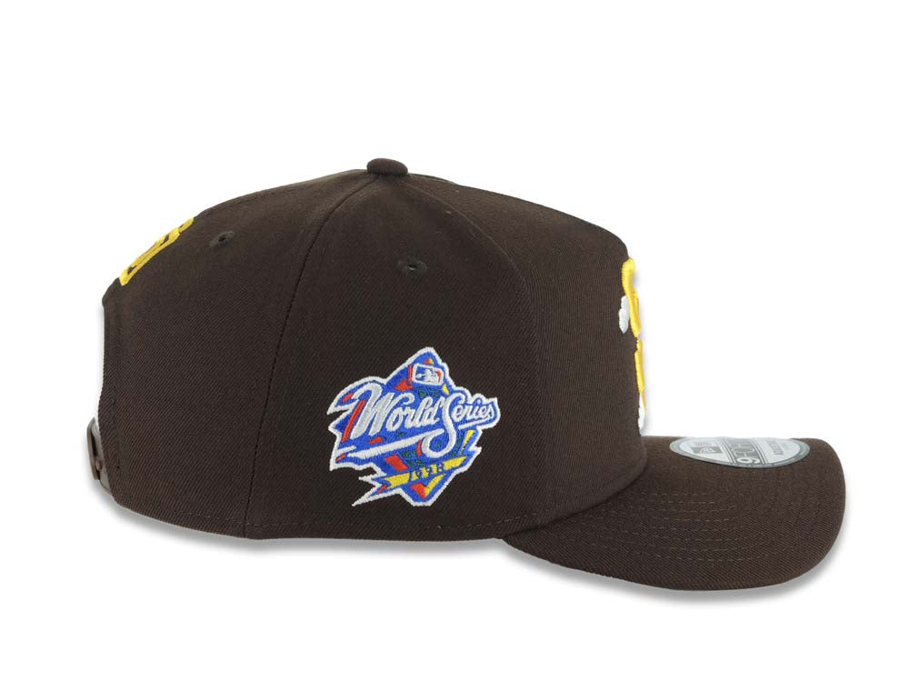 San Diego Padres New Era MLB 9FORTY 940 Adjustable A-Frame Cap Hat Brown Crown/Visor Yellow Logo White Clouds 1998 World Series Side Patch Gray UV