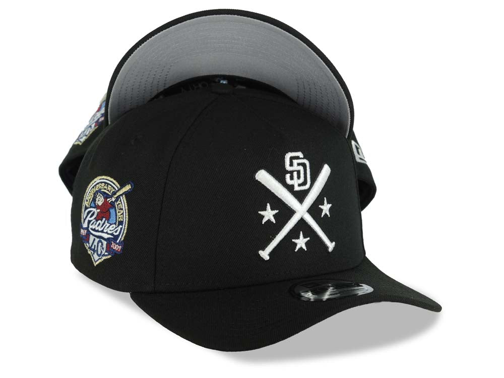 San Diego Padres New Era MLB 9FORTY 940 Adjustable A-Frame Cap Hat Black Crown/Visor White Bats Logo 40th Anniversary Side Patch Gray UV