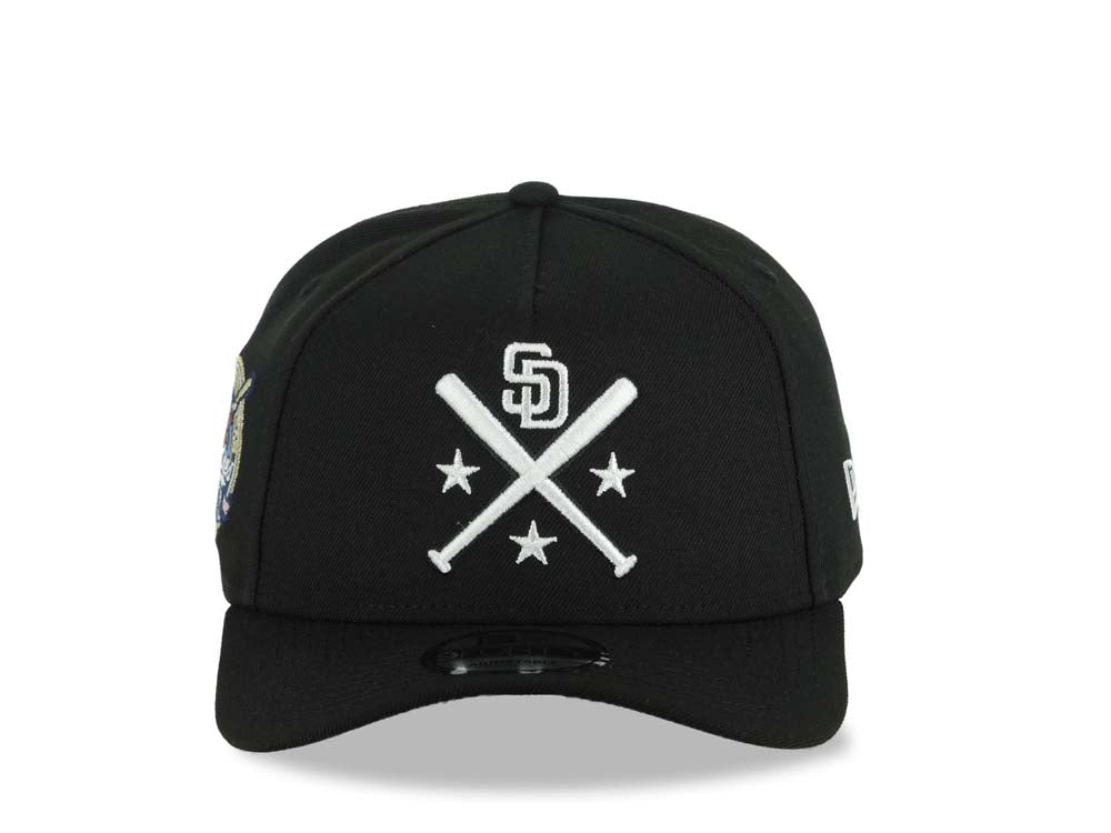 San Diego Padres New Era MLB 9FORTY 940 Adjustable A-Frame Cap Hat Black Crown/Visor White Bats Logo 40th Anniversary Side Patch Gray UV
