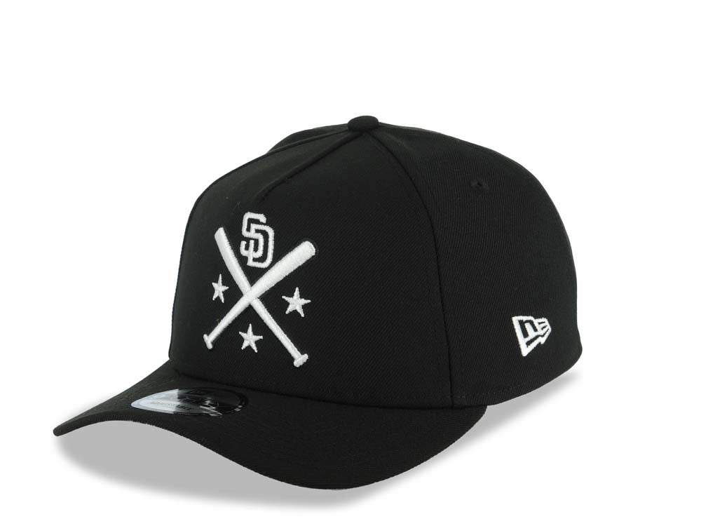 San Diego Padres New Era MLB 9FORTY 940 Adjustable A-Frame Cap Hat Black Crown/Visor White Bats Logo 40th Anniversary Side Patch Gray UV