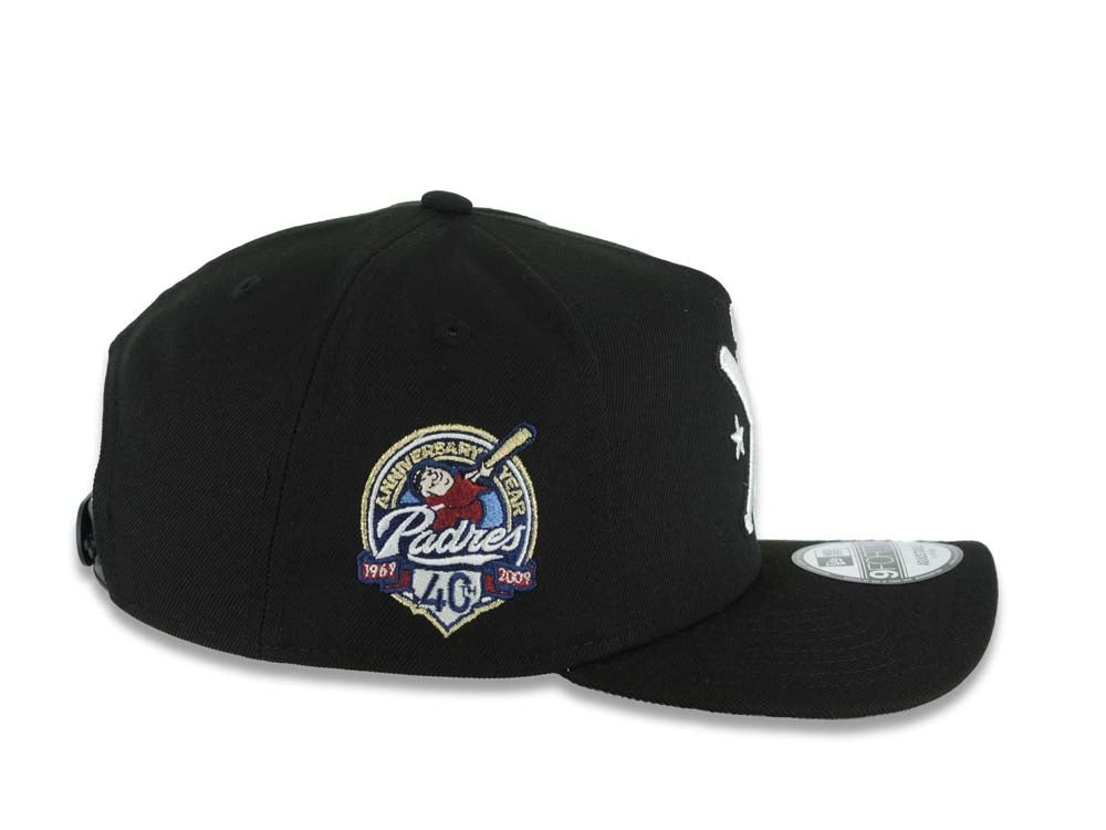 San Diego Padres New Era MLB 9FORTY 940 Adjustable A-Frame Cap Hat Black Crown/Visor White Bats Logo 40th Anniversary Side Patch Gray UV