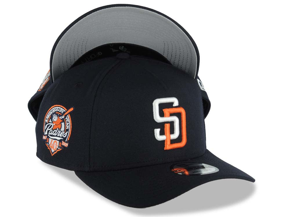 San Diego Padres New Era MLB 9FORTY 940 Adjustable A-Frame Cap Hat Navy Blue Crown/Visor White/Orange Logo 40th Anniversary Side Patch Gray UV