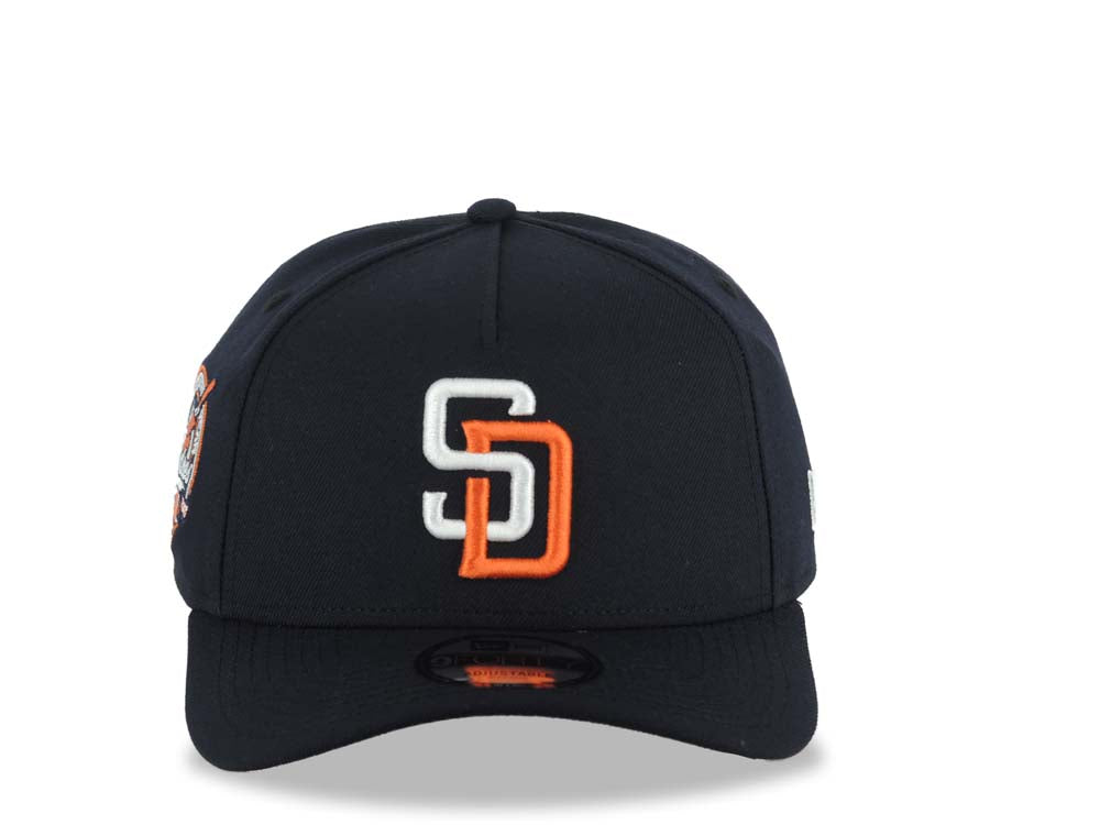 San Diego Padres New Era MLB 9FORTY 940 Adjustable A-Frame Cap Hat Navy Blue Crown/Visor White/Orange Logo 40th Anniversary Side Patch Gray UV