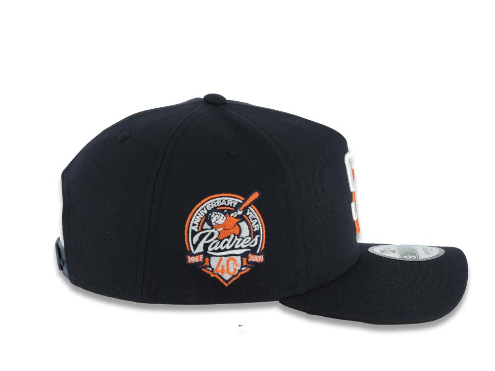 San Diego Padres New Era MLB 9FORTY 940 Adjustable A-Frame Cap Hat Navy Blue Crown/Visor White/Orange Logo 40th Anniversary Side Patch Gray UV