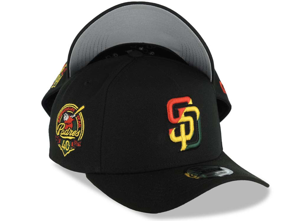 (Rasta Color) San Diego Padres New Era MLB 9FORTY 940 Adjustable A-Frame Cap Hat Black Crown/Visor Red/Yellow/Green Logo 40th Anniversary Side Patch Gray UV