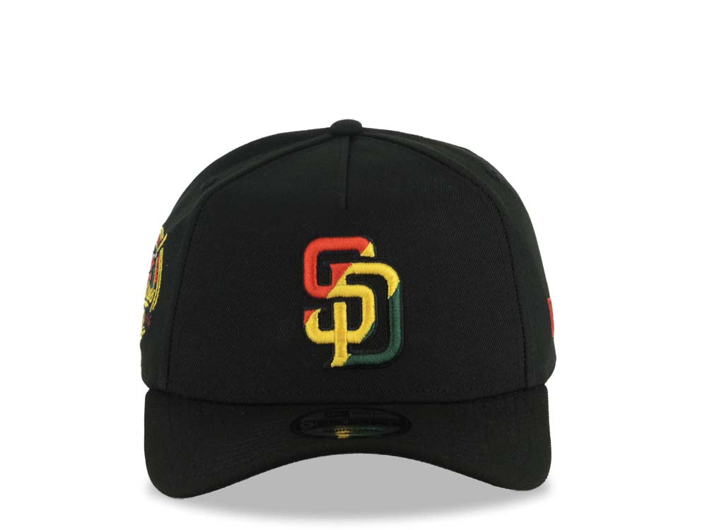 (Rasta Color) San Diego Padres New Era MLB 9FORTY 940 Adjustable A-Frame Cap Hat Black Crown/Visor Red/Yellow/Green Logo 40th Anniversary Side Patch Gray UV