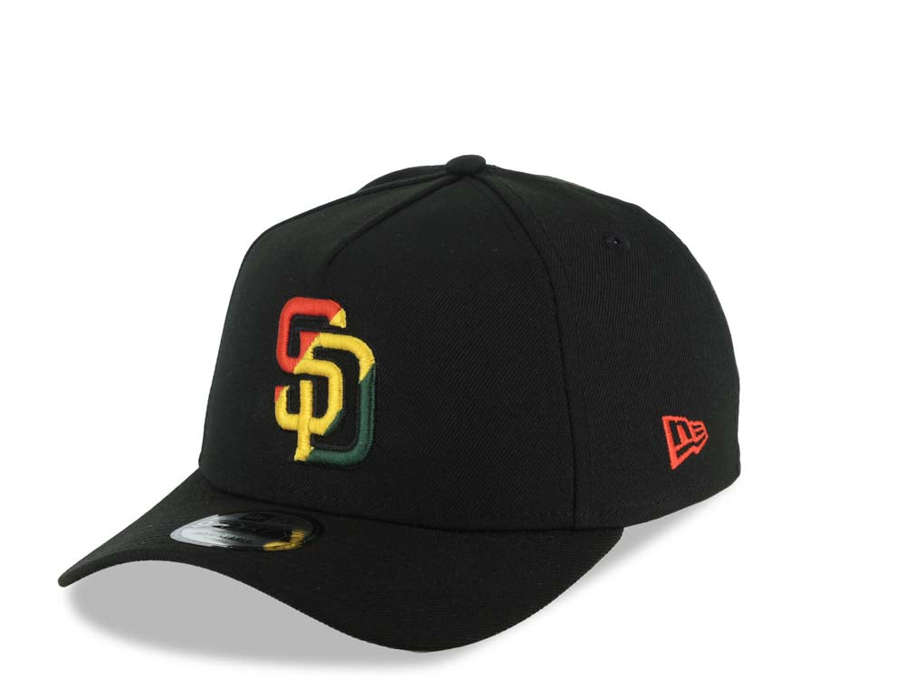 (Rasta Color) San Diego Padres New Era MLB 9FORTY 940 Adjustable A-Frame Cap Hat Black Crown/Visor Red/Yellow/Green Logo 40th Anniversary Side Patch Gray UV