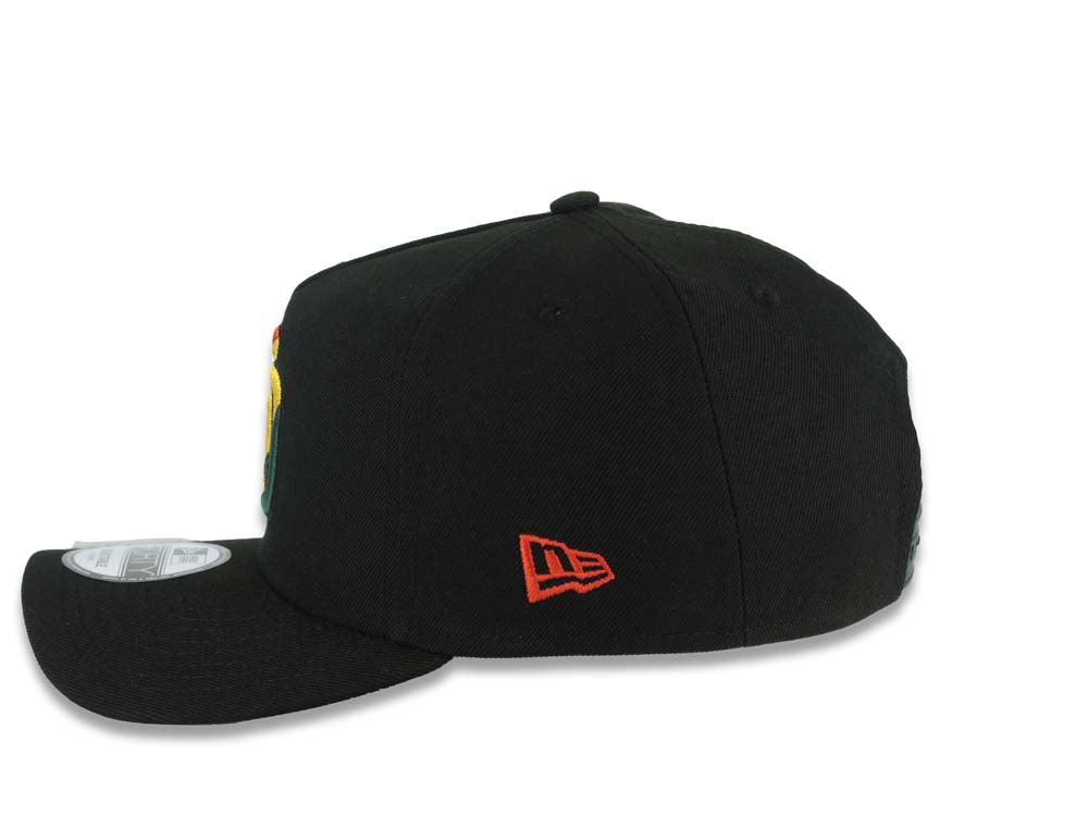 (Rasta Color) San Diego Padres New Era MLB 9FORTY 940 Adjustable A-Frame Cap Hat Black Crown/Visor Red/Yellow/Green Logo 40th Anniversary Side Patch Gray UV