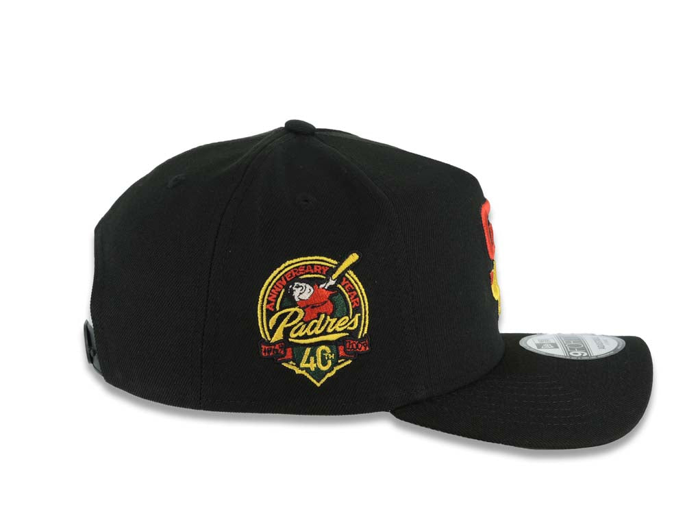 (Rasta Color) San Diego Padres New Era MLB 9FORTY 940 Adjustable A-Frame Cap Hat Black Crown/Visor Red/Yellow/Green Logo 40th Anniversary Side Patch Gray UV